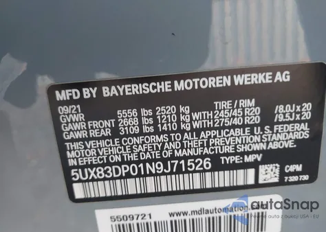 2022 BMW X3 M40I z USA, uszkodzony, nr VIN 5UX83DP01N9J71526